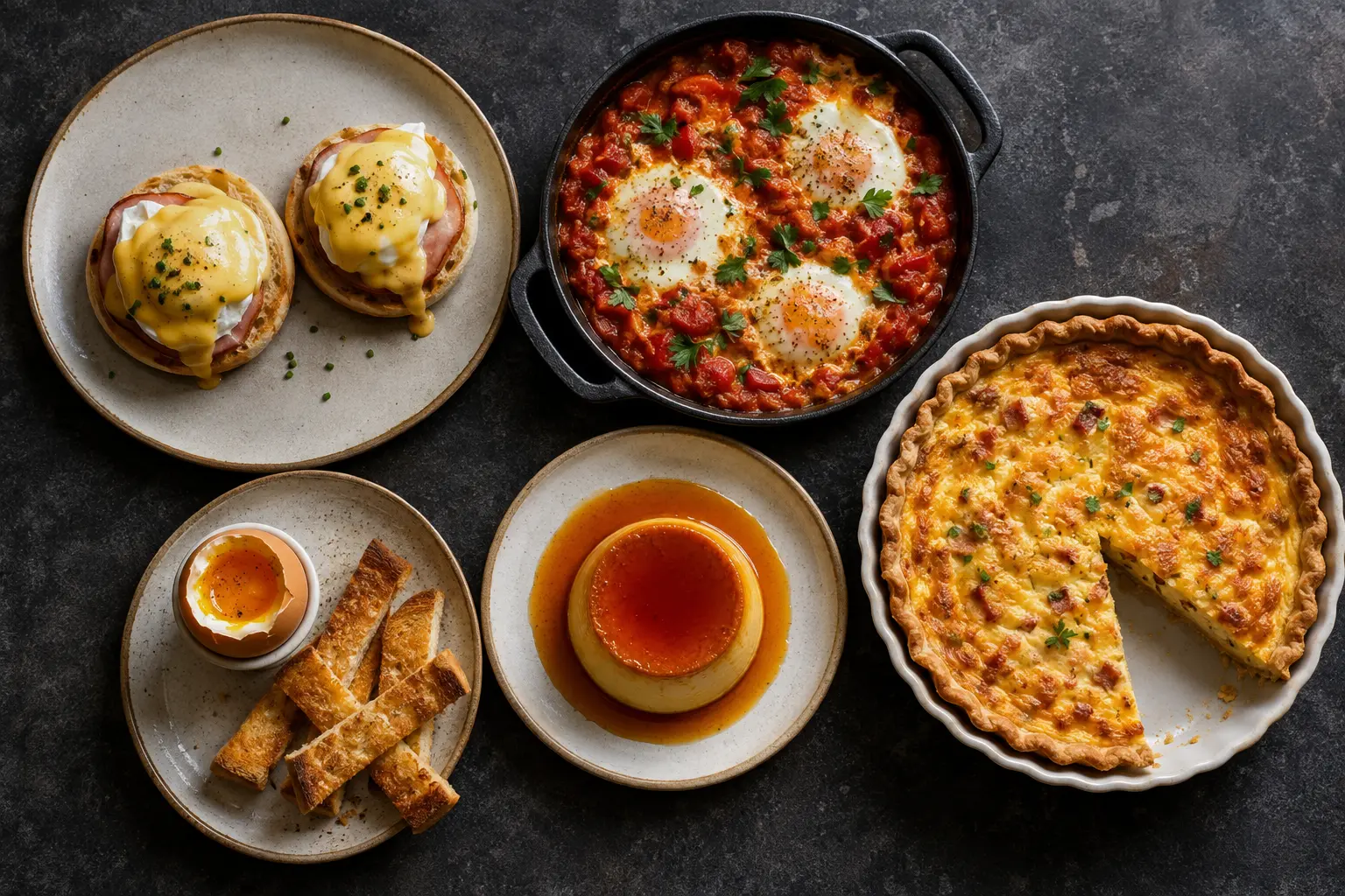 Sélection de recettes aux œufs photographiées sur une table