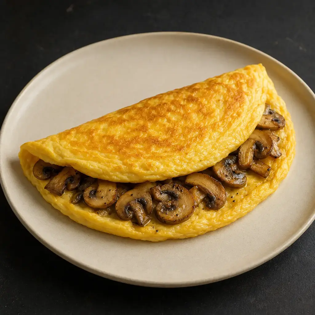 Omelette dorée garnie de champignons sautés, servie sur une assiette claire