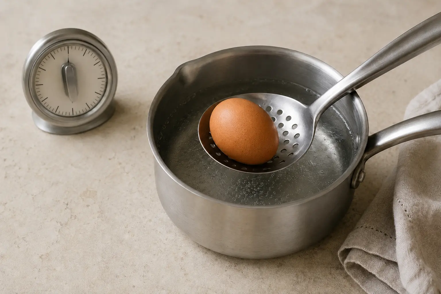Œuf, casserole, écumoire et minuteur préparés pour calibrer une technique de cuisson